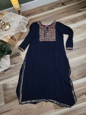 Navy Embroidered Long Sleeve Maxi Dress